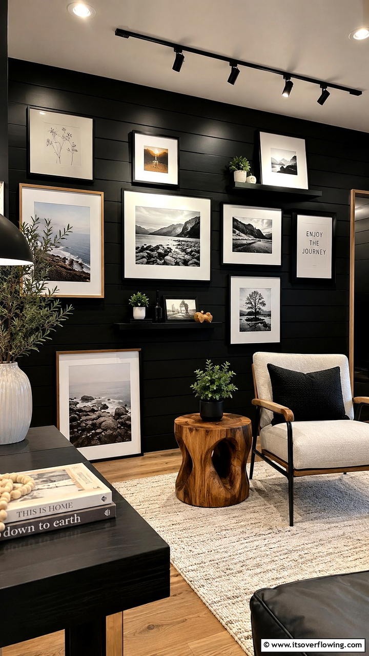 Artistic Gallery Wall - 30 Black Shiplap Wall Ideas for Timeless Interior Accents