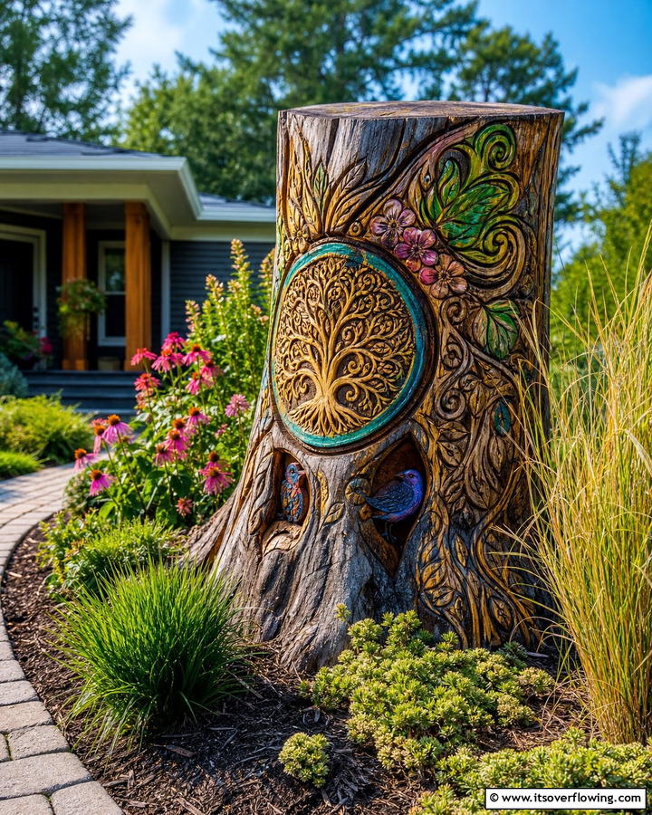 Artistic Garden Sculpture - 21 Creative Tree Stump Decorating Ideas for Rustic Accents