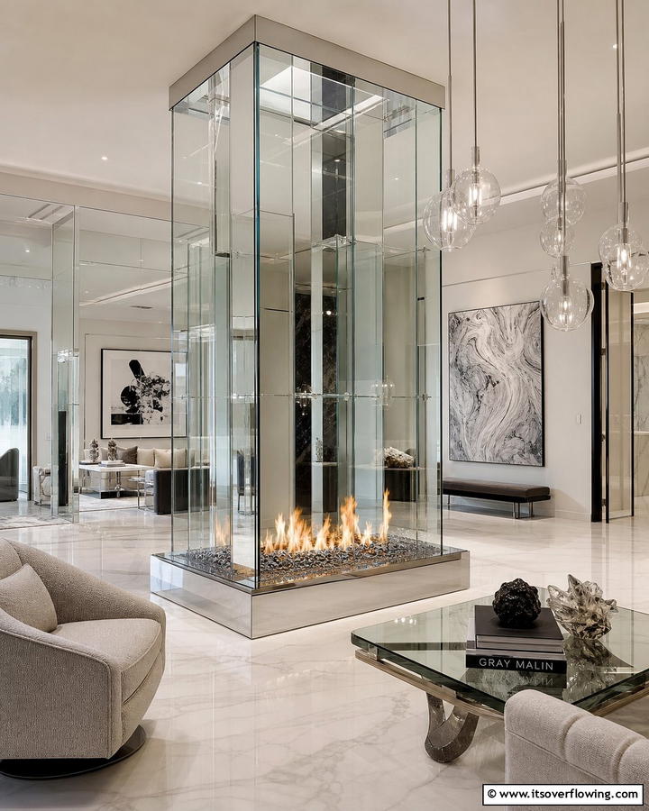 Artistic Glass Fireplace - 21 Modern Fireplace Ideas for Cozy Contemporary Living Rooms