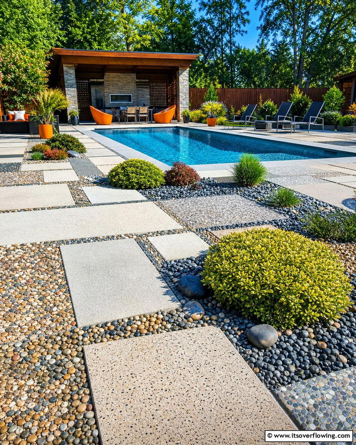 Artistic Gravel Mix - 30 Concrete Pavers Around Pool Ideas for Durable Style