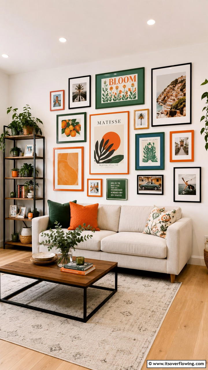 Artistic Green and Orange Gallery Wall - 30 Green and Orange Living Room Ideas for Bold Style