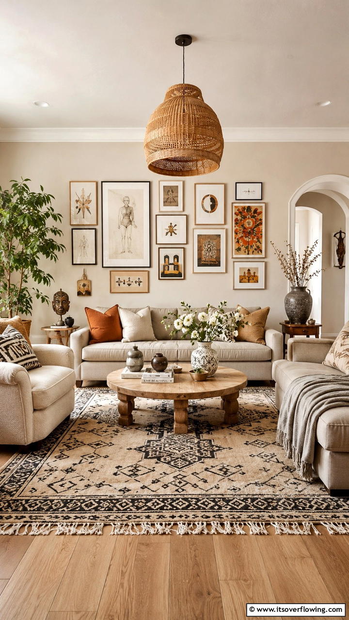 Artistic Greige with Eclectic Decor - 30 Greige Living Room Ideas for Neutral & Warm Modern Spaces