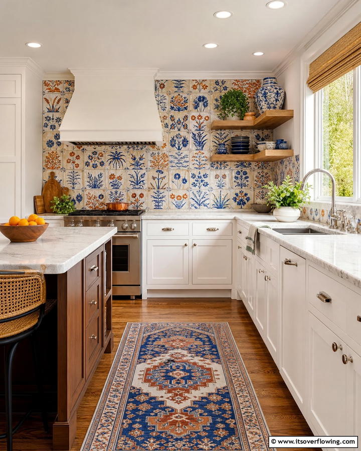 Artistic Hand Painted Tiles - 21 Backsplash Ideas for White Cabinets and Granite Counters