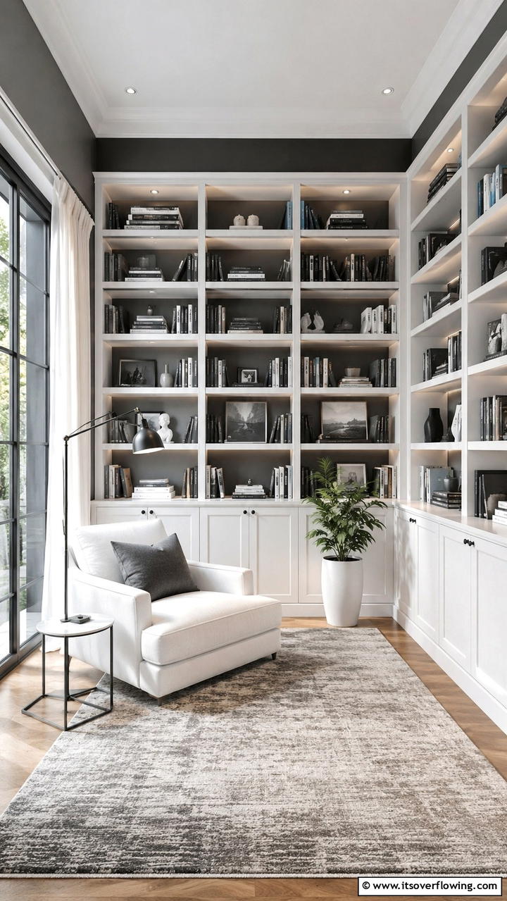 Artistic Home Library Vibe - 30 Grey and White House Interior Ideas- Minimalist Elegance