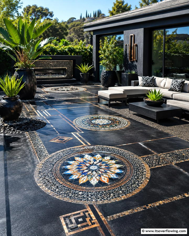 Artistic Inlays - 25 Black Concrete Patio Ideas for Modern Outdoor Spaces