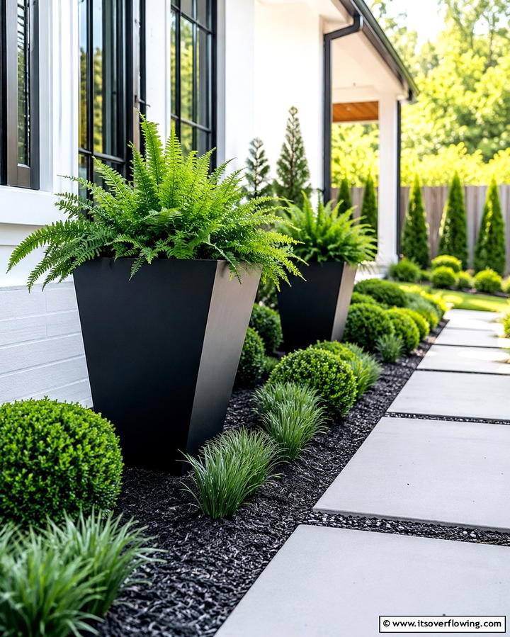 Artistic Landscaping Black Planters with Greenery - 30 Single-Story White House Black Trim Exterior Inspirations