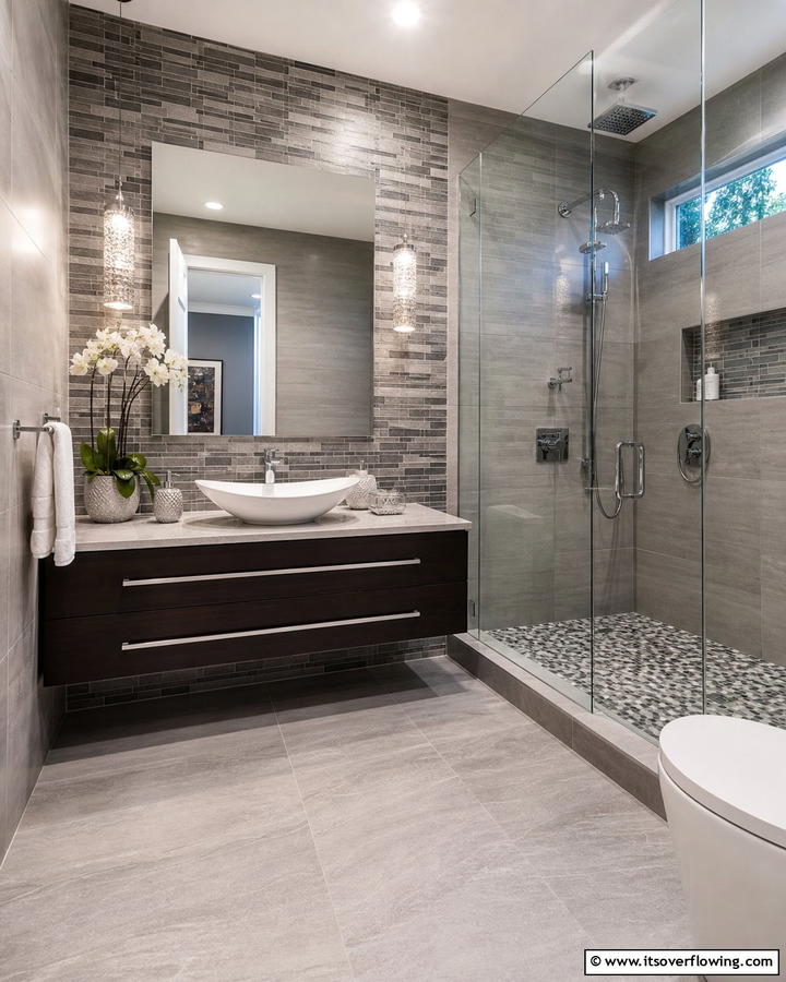Artistic Mosaic Accents - 21 Grey Tile Bathroom Ideas for Modern and Timeless Designs