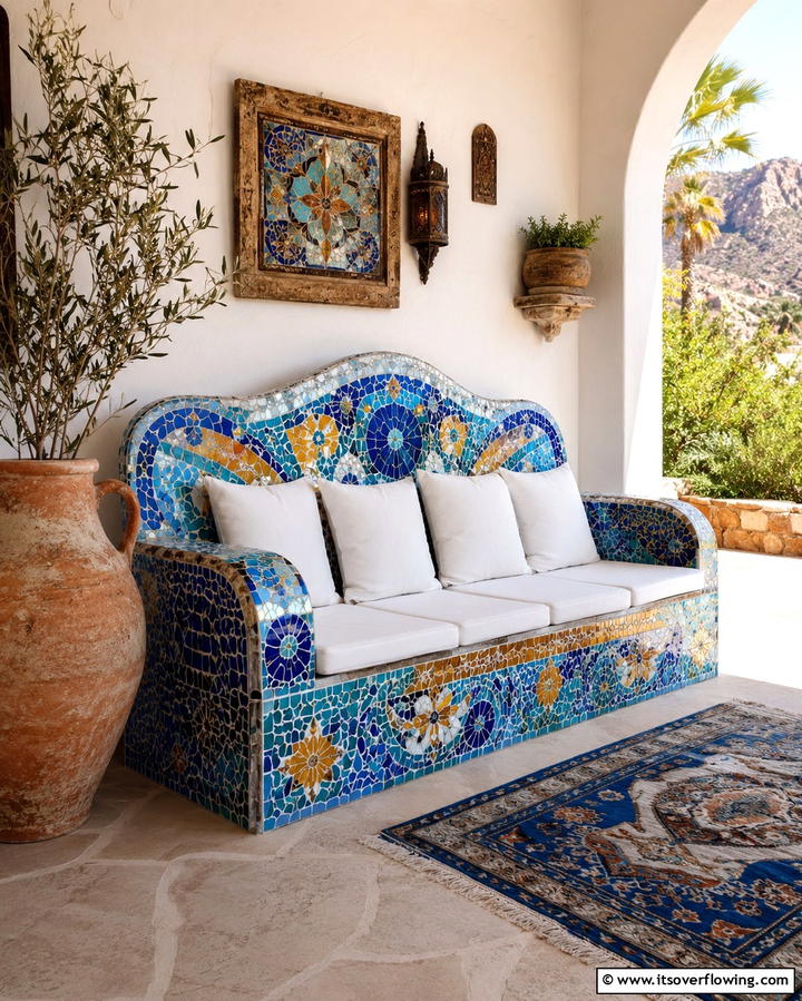 Artistic Mosaic Bench - 25 Front Porch Bench Ideas for a Welcoming Entrance