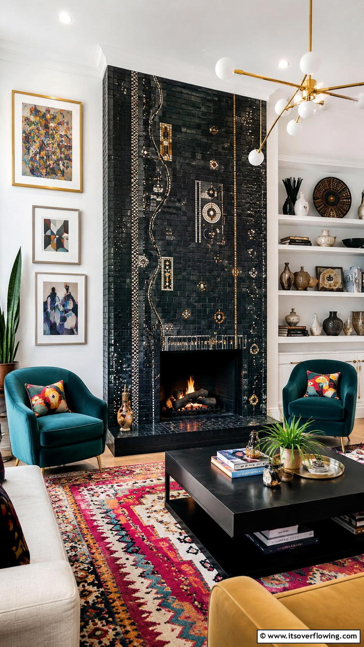 Artistic Mosaic Black Brick Fireplace - 30 Black Brick Fireplace Ideas for Dramatic Focal Points