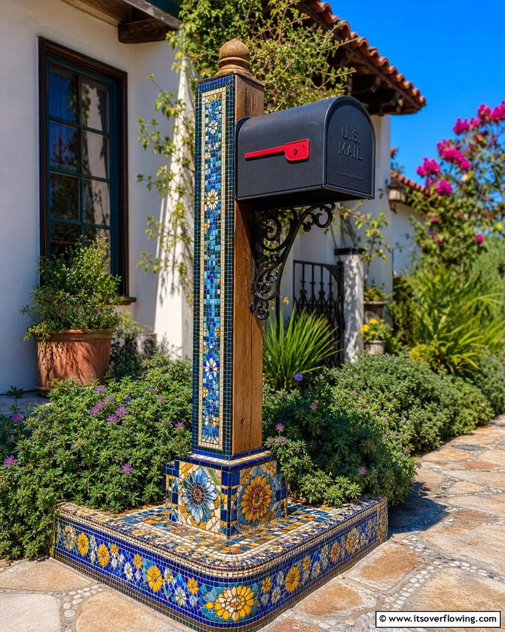 Artistic Mosaic Border - 30 Creative Mailbox Landscaping Ideas for Curb Appeal