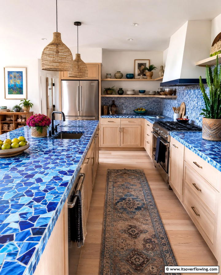 Artistic Mosaic Countertops - 30 Blue Countertop Kitchen Ideas for Bold Statement Spaces