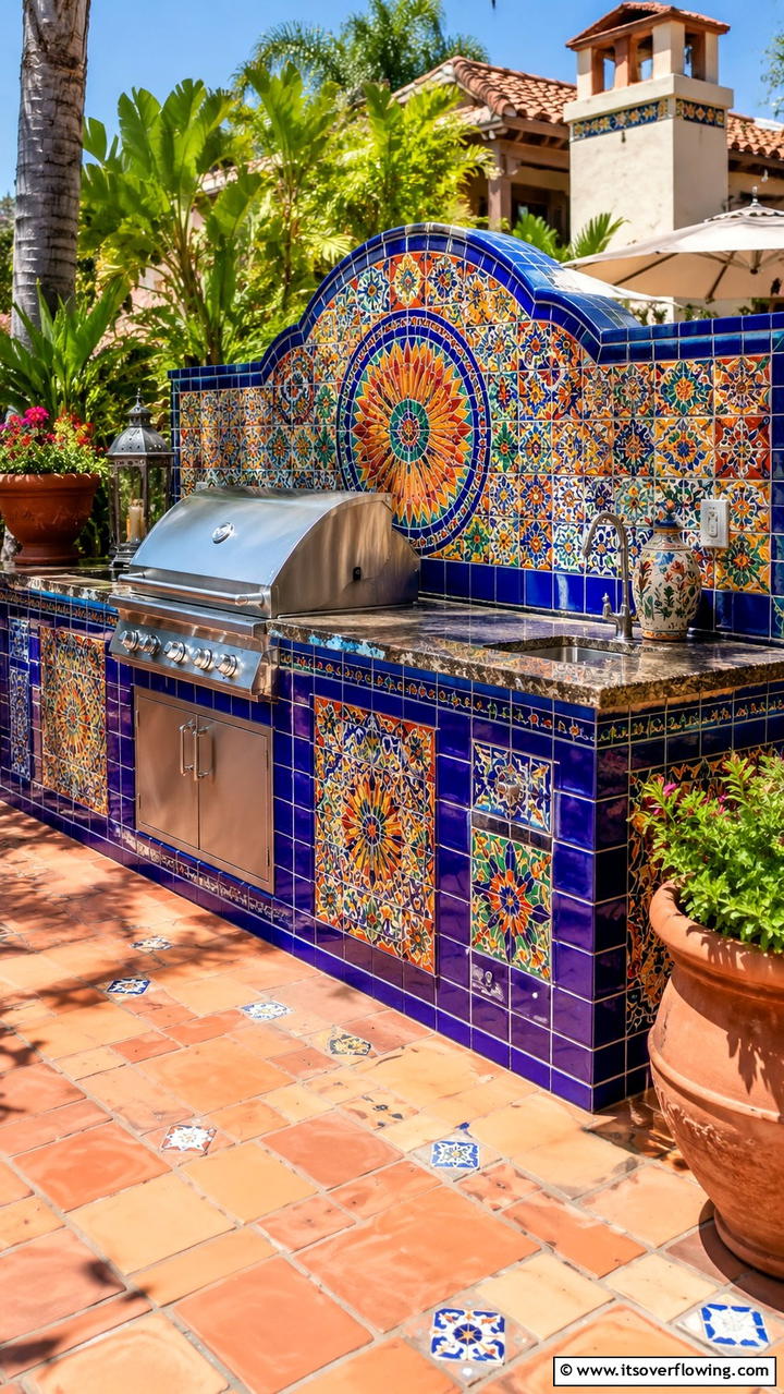 Artistic Mosaic Detailing - 30 BBQ Island Ideas for Ultimate Outdoor Entertaining