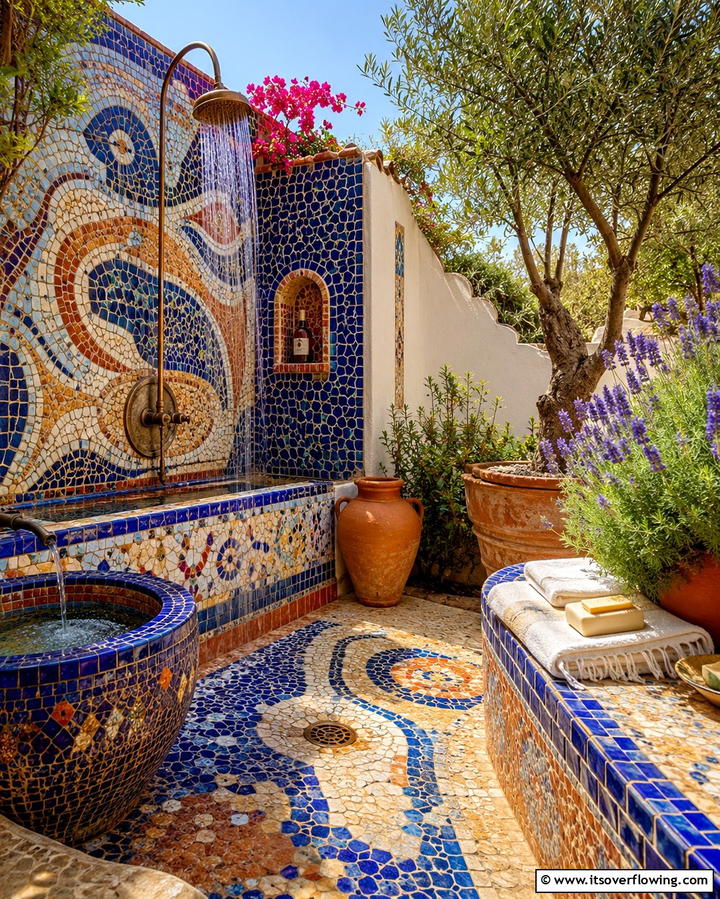 Artistic Mosaic Escape - 30 Outdoor Bathroom Ideas for a Luxurious Backyard Oasis