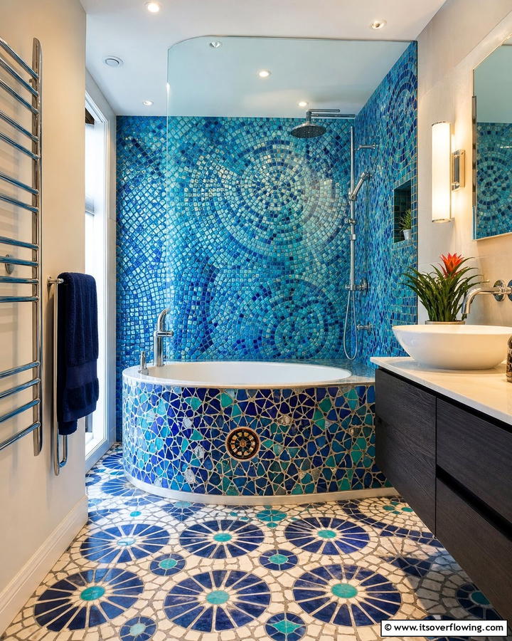 Artistic Mosaic Feature - 30 Tub-Shower Combo Ideas for Space-Efficient Bathrooms