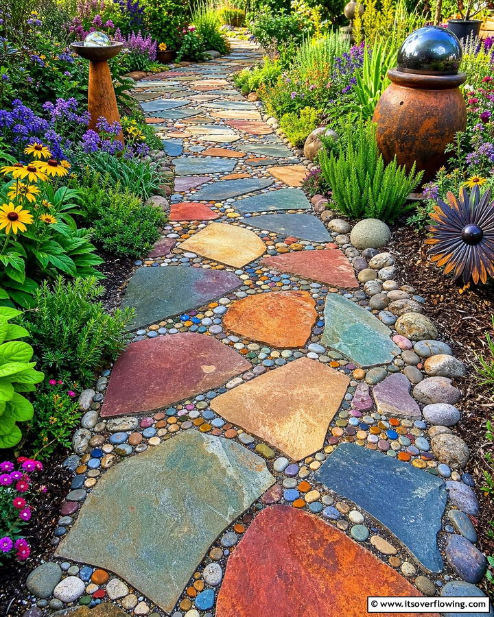 Artistic Mosaic Flagstone Path - 30 Flagstone Walkway Ideas for Charming Pathways