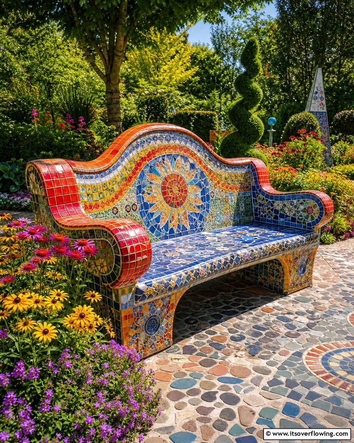 Artistic Mosaic Garden Bench - 30 Charming Garden Bench Ideas for Relaxing Outdoor Spaces