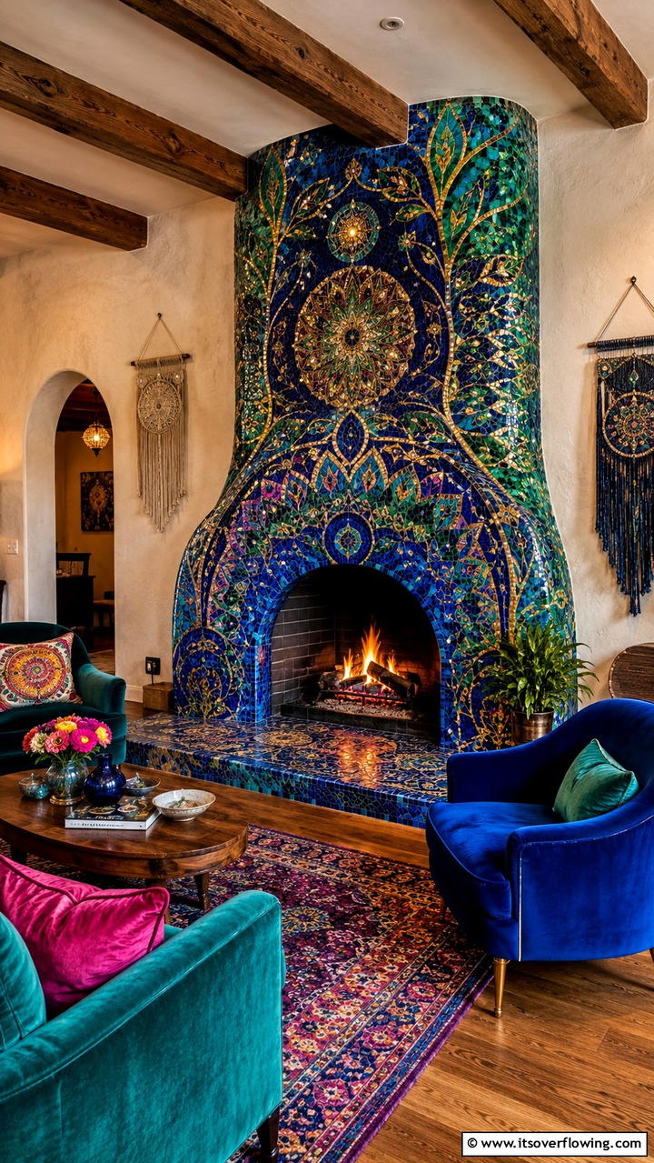 Artistic Mosaic Hearth Display - 30 Fireplace Hearth Ideas to Elevate Your Living Room