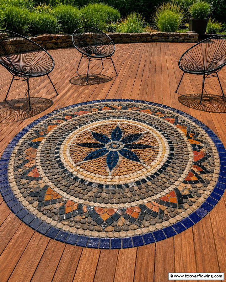 Artistic Mosaic Inlays - 30 Budget-Friendly Backyard Deck Ideas for Stylish Outdoor Living