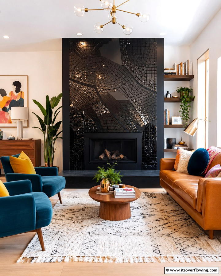 Artistic Mosaic Surround - 30 Bold Black Fireplace Ideas to Elevate Your Living Room