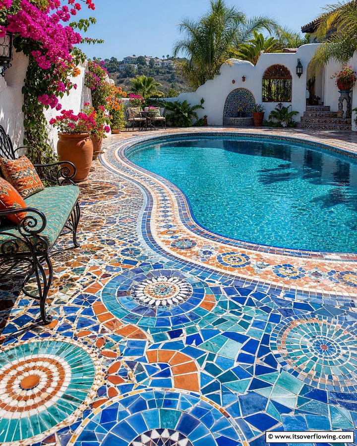 Artistic Mosaic Tile Pool Deck - 21 Pool Deck Layouts for Safe & Stylish Swimming Areas