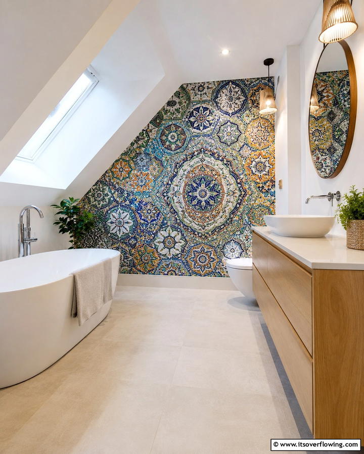 Artistic Mosaic Tile Walls - 30 Attic Bathroom Ideas for Space-Saving Luxury