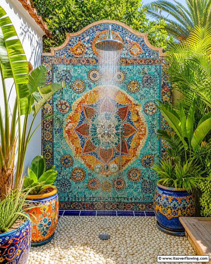 Artistic Mosaic Wall Shower - 21 Outdoor Shower Designs for Poolside Luxury & Functionality