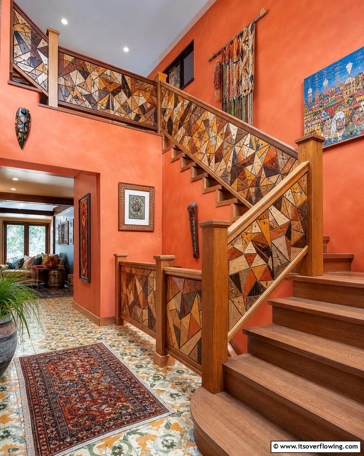 Artistic Mosaic Wood Railing - 30 Wood Stair Railing Ideas for Warm Architectural Detail