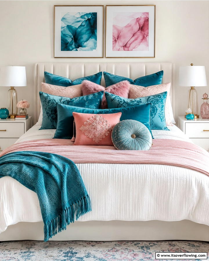 Artistic Pink and Teal Patterns - 30 Teal and Pink Bedroom Ideas for Bold Modern Design