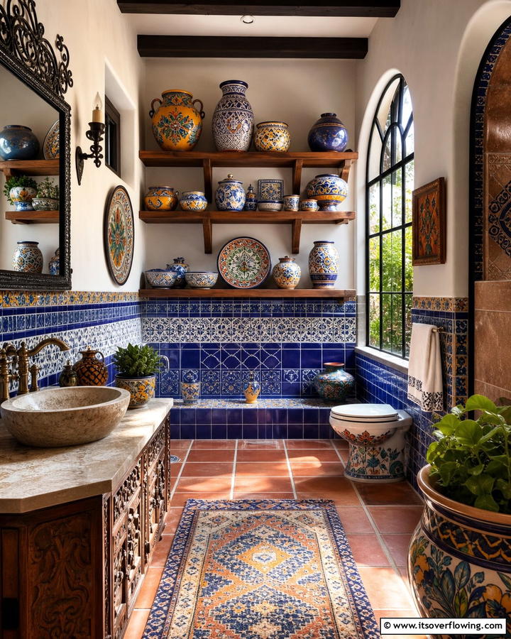 Artistic Pottery Displays - 30 Spanish Style Bathroom Ideas for Mediterranean Flair