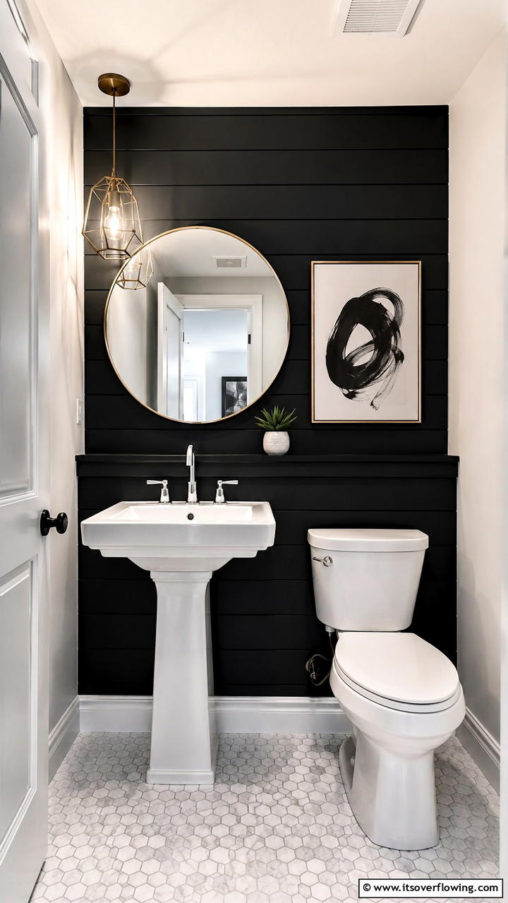 Artistic Powder Room Flair - 30 Black Shiplap Wall Ideas for Timeless Interior Accents