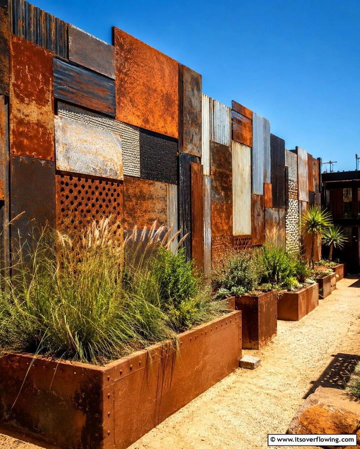 Artistic Recycled Metal Fence - 30 Innovative Corner Fence Solutions for Yard Boundaries