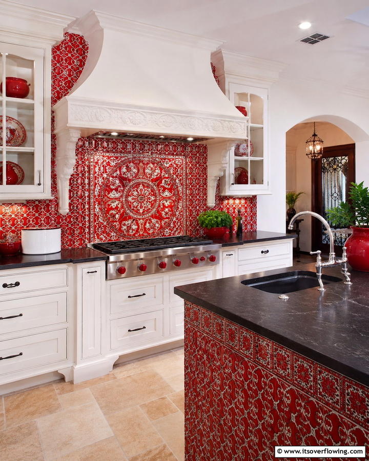 Artistic Red Mosaic Details - 30 Bold Red Kitchen Ideas for a Vibrant Cooking Space