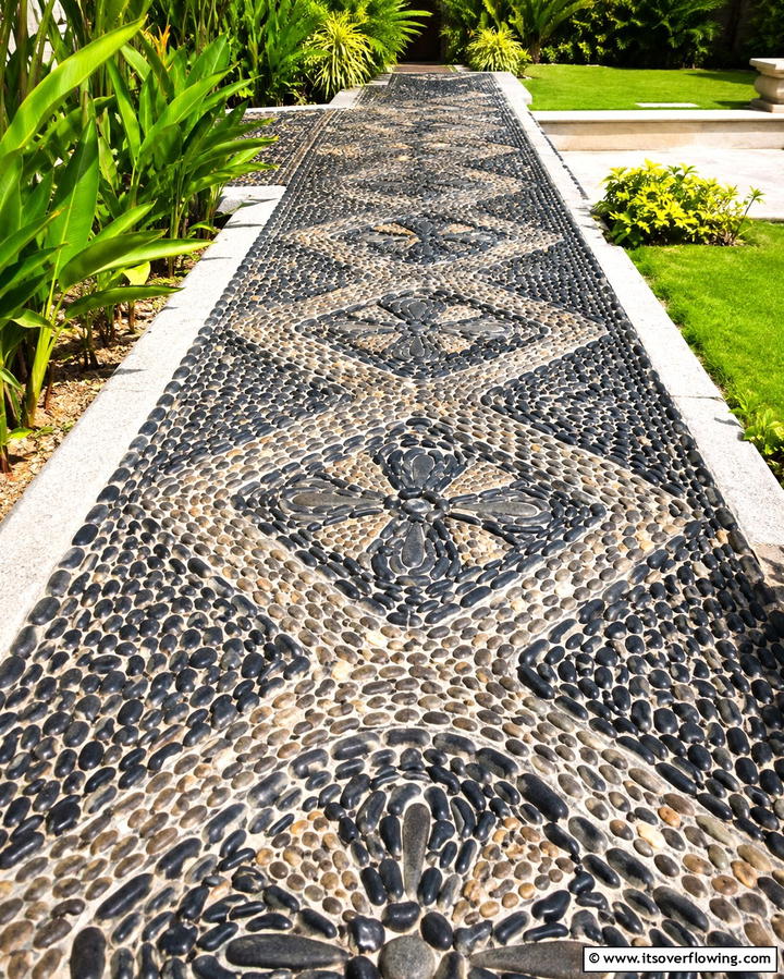 Artistic Rock Mosaic Patterns - 30 Natural Black River Rock Landscaping Ideas for Texture