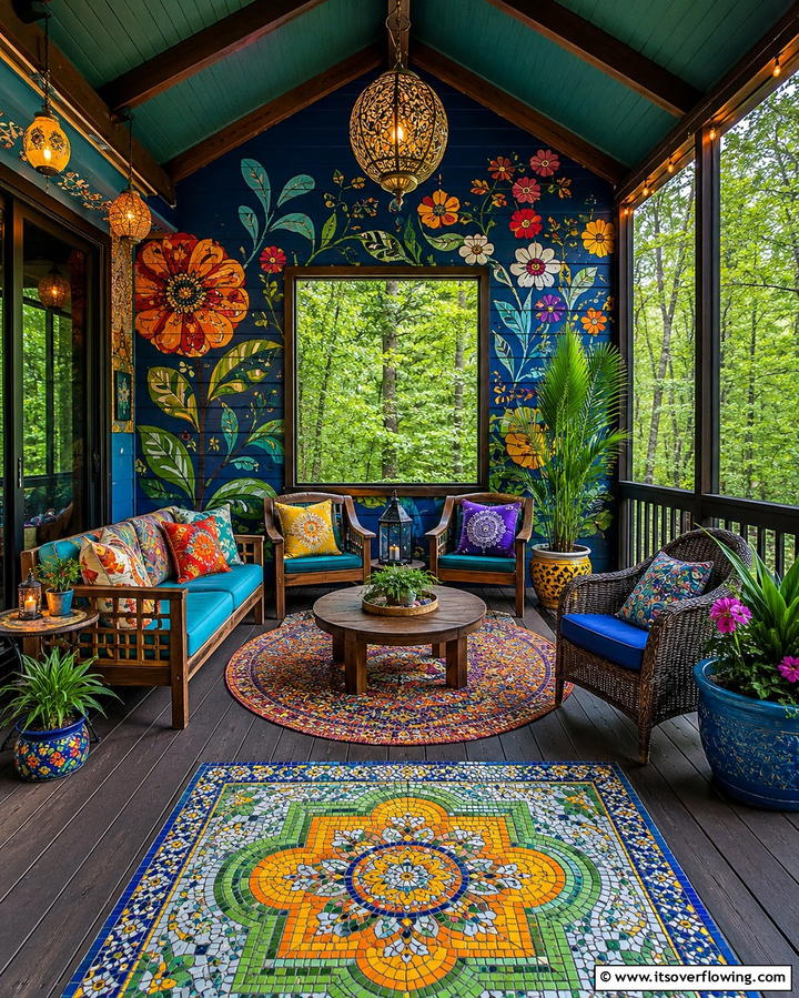 Artistic Screened Deck with Custom Murals - 30 Screened-in Deck Ideas for Bug-Free Outdoor Living