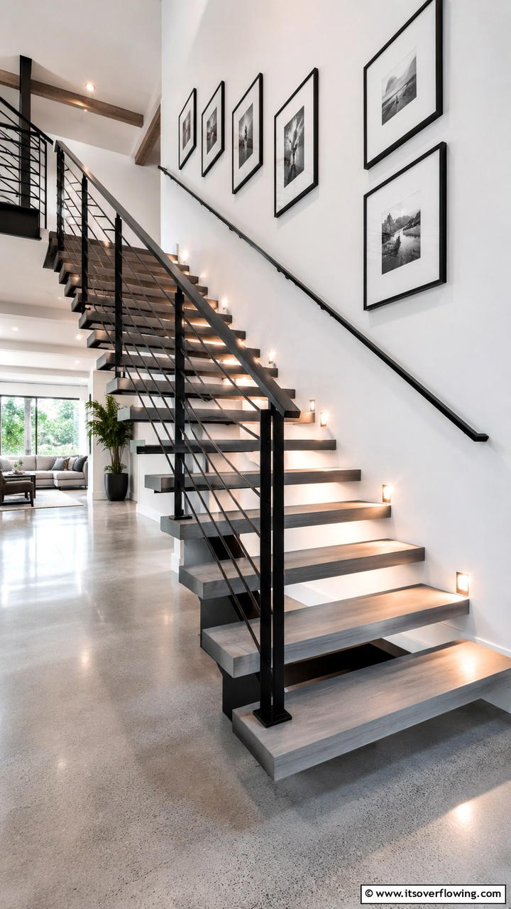 Artistic Staircase Feature - 30 Grey House With Black Trim Ideas- Bold Exterior Designs