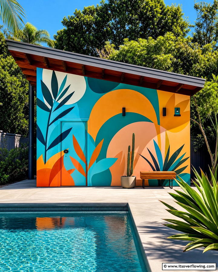 Artistic Statement Piece - 20 Pool Shed Ideas to Enhance Your Backyard Oasis