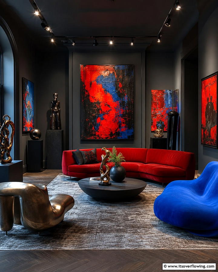 Artistic Statement Space - 30 Striking Contrasting Living Rooms Featuring Dark Grey Walls