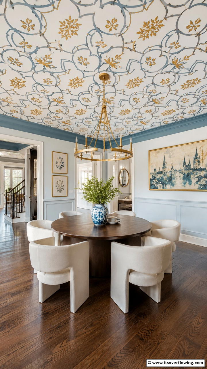 Artistic Stenciled Patterns - 30 Dining Room Ceiling Ideas to Elevate Your Space