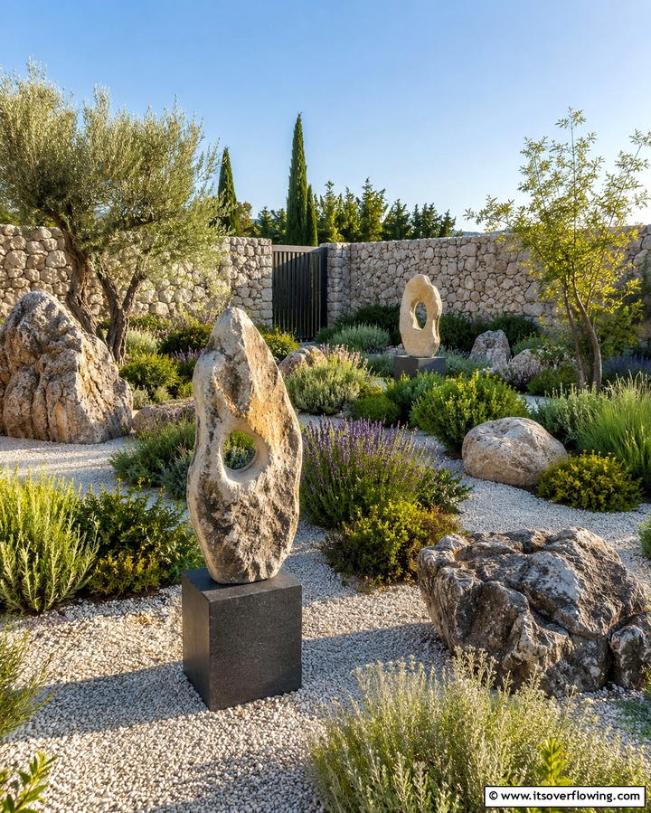 Artistic Stone Sculpture Garden - 30 Mediterranean Garden Ideas to Create a Coastal Oasis