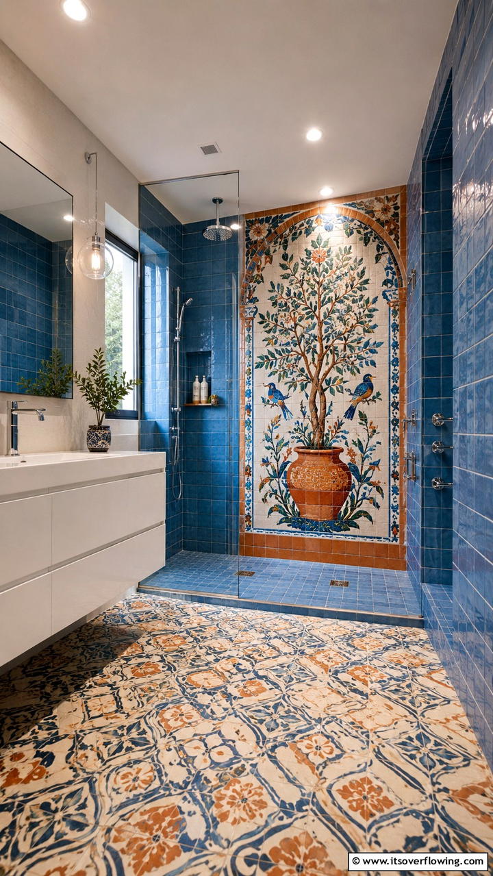 Artistic Tiled Expression - 30 Doorless Walk-In Shower Ideas for Modern Bathrooms