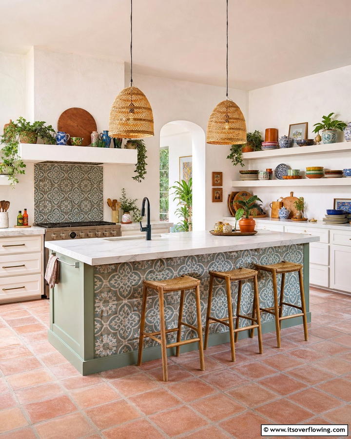 Artistic Touch with Patterned Tiles - 20 Sage Green Kitchen Island Ideas for a Fresh Look