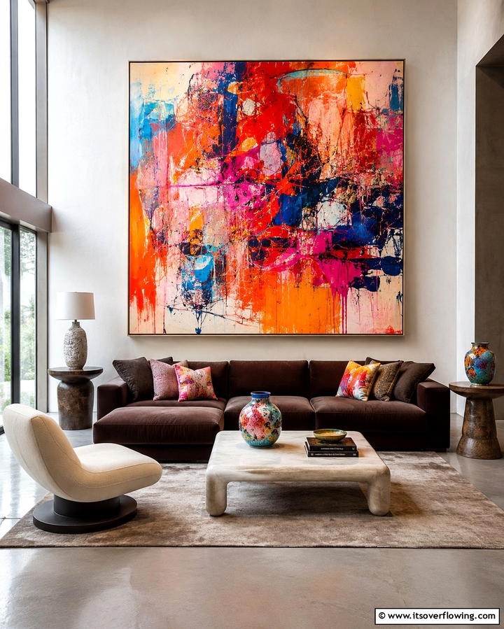 Artistic Touch with Statement Art - 30 Warm Dark Brown Couch Styling Ideas for Cozy Living Rooms