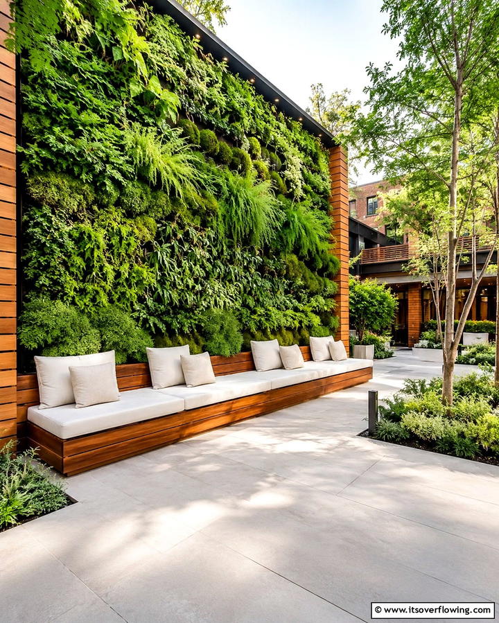 Artistic Vertical Garden with Integrated Seating - 30 Decorative Fence Ideas to Enhance Your Yard’s Aesthetic