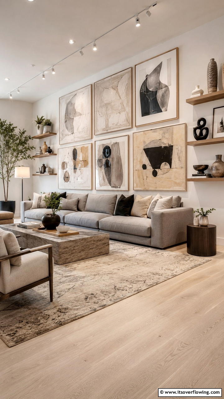 Artistic Wall Decor - 30 Grey and Beige Living Room Ideas- Warm Minimalist Designs