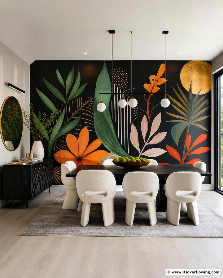 Artistic Wall Mural - 20 Black Accent Wall Dining Room Ideas for a Bold Look