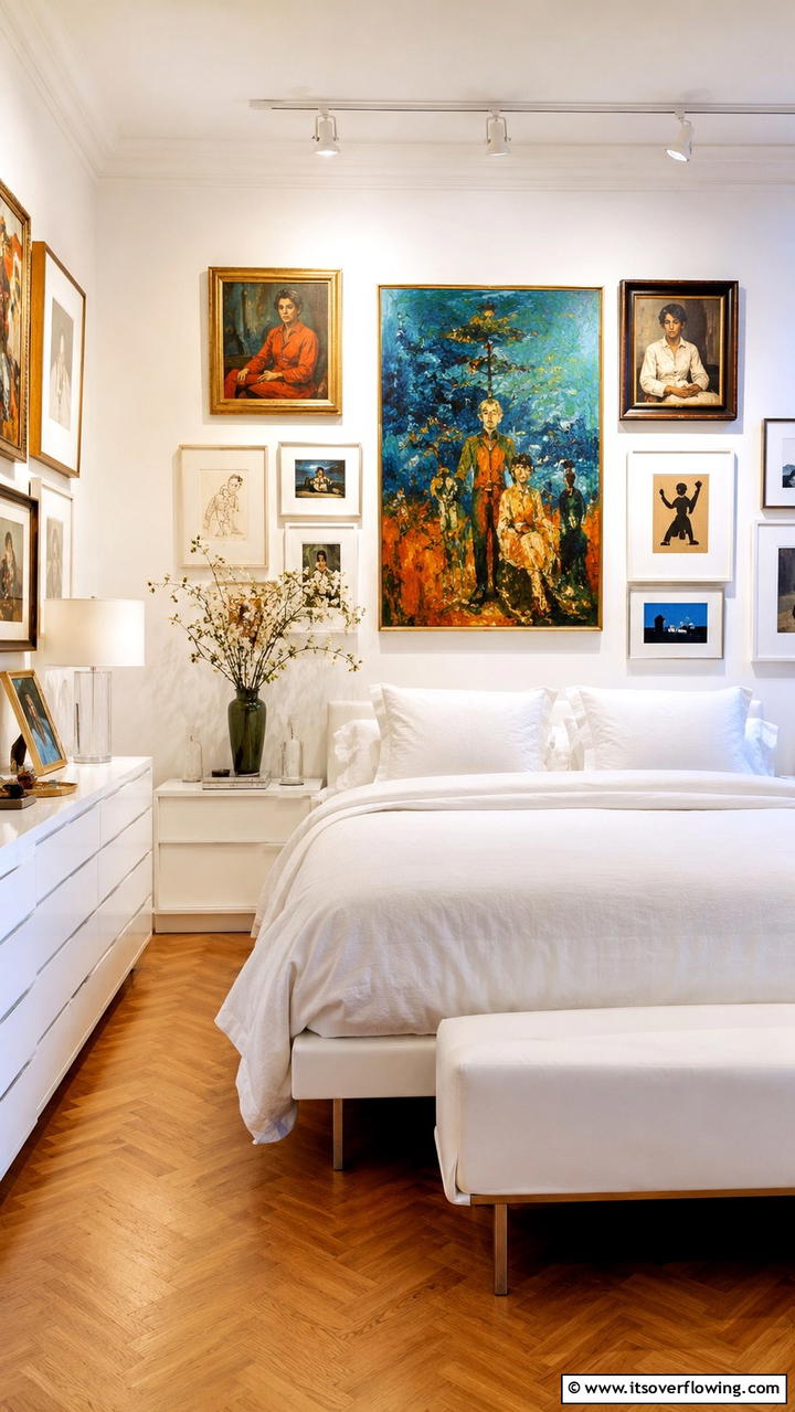 Artistic White Walls - 21 Serene White Bedroom Ideas for a Calming Retreat