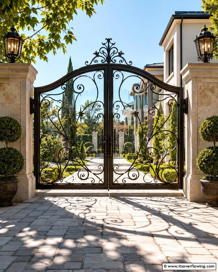 Artistic Wrought Iron and Glass Gate - 30 Inviting Front Gate Designs for Home Entrances