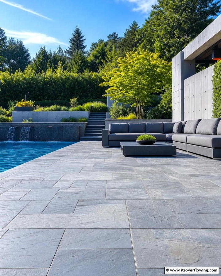 Ashlar Slate Pattern - 25 Stamped Concrete Pool Deck Ideas for Durability