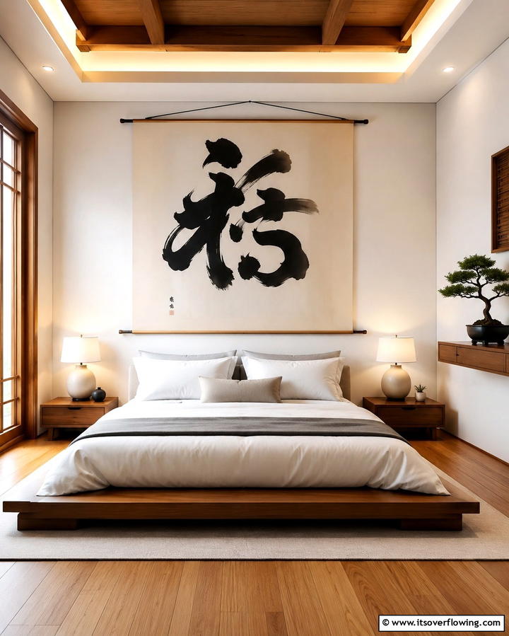 Asian Calligraphy Art - 25 Serene Asian Bedroom Ideas for a Peaceful Space