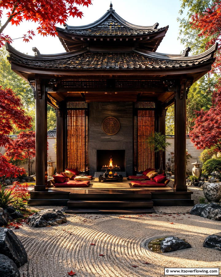 Asian Inspired Gazebo with Pagoda Roof and Fireplace - 25 Gazebo With Fireplace Ideas for Cozy Outdoor Nights